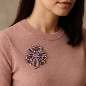 Vintage 1950s Pink Rhinestone Floral Spray Brooch, 2x2.75”